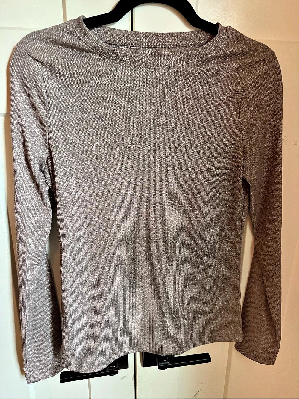 a new day Women's Long Sleeve Crewneck Metallic Shimmer Top Brown Medium